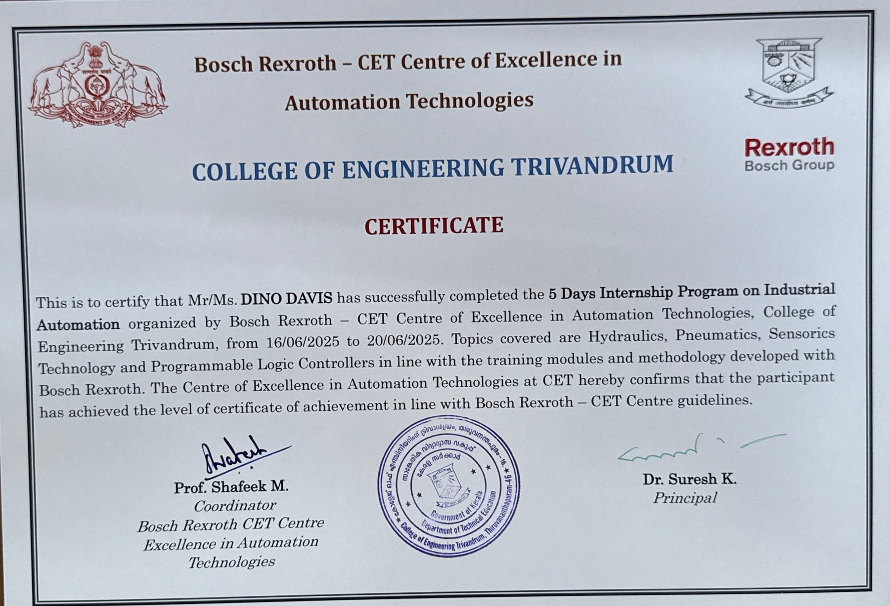 Certificate, Bosch Rexroth CET internship on industrial automation