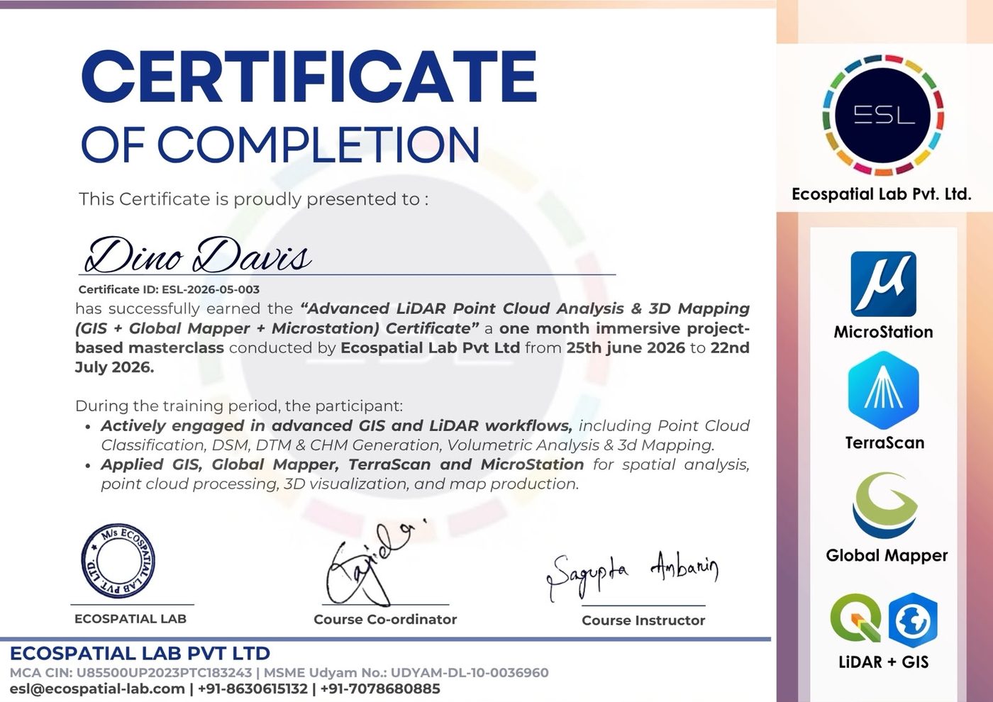 Certificate of completion, Advanced LiDAR Point Cloud Analysis and 3D Mapping